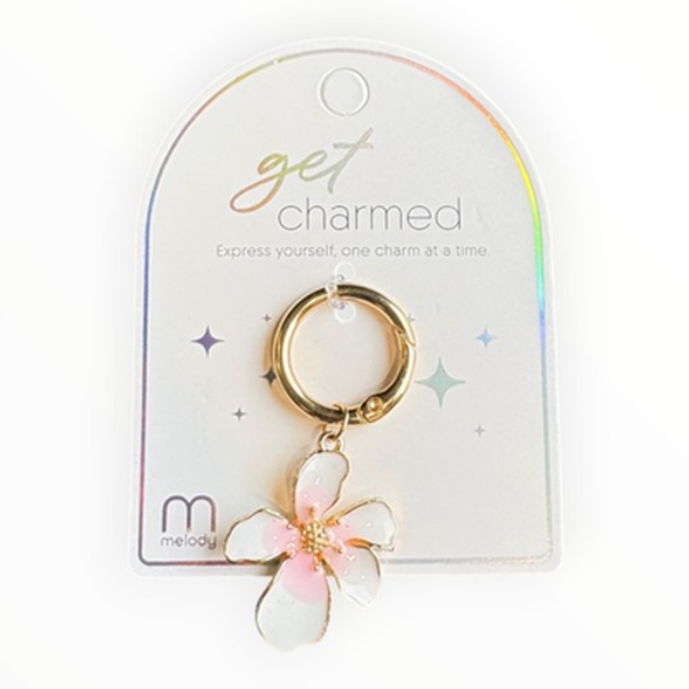 Melody Women's Key Chain White Pink Gold 2.5" Enamel Flower Charm Bag Finder